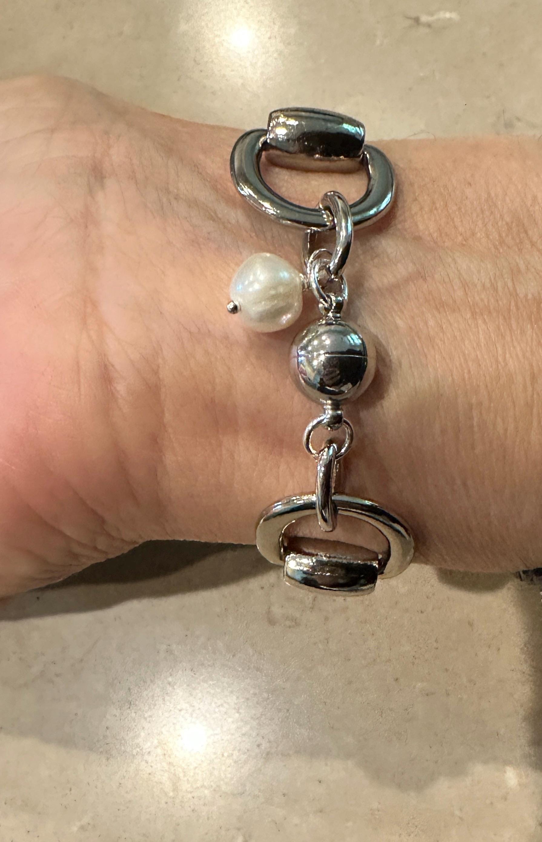 Equestrian Horse Snaffle Bit Gold Artisan Bracelet w/ Magnetic Clasp and Pearl