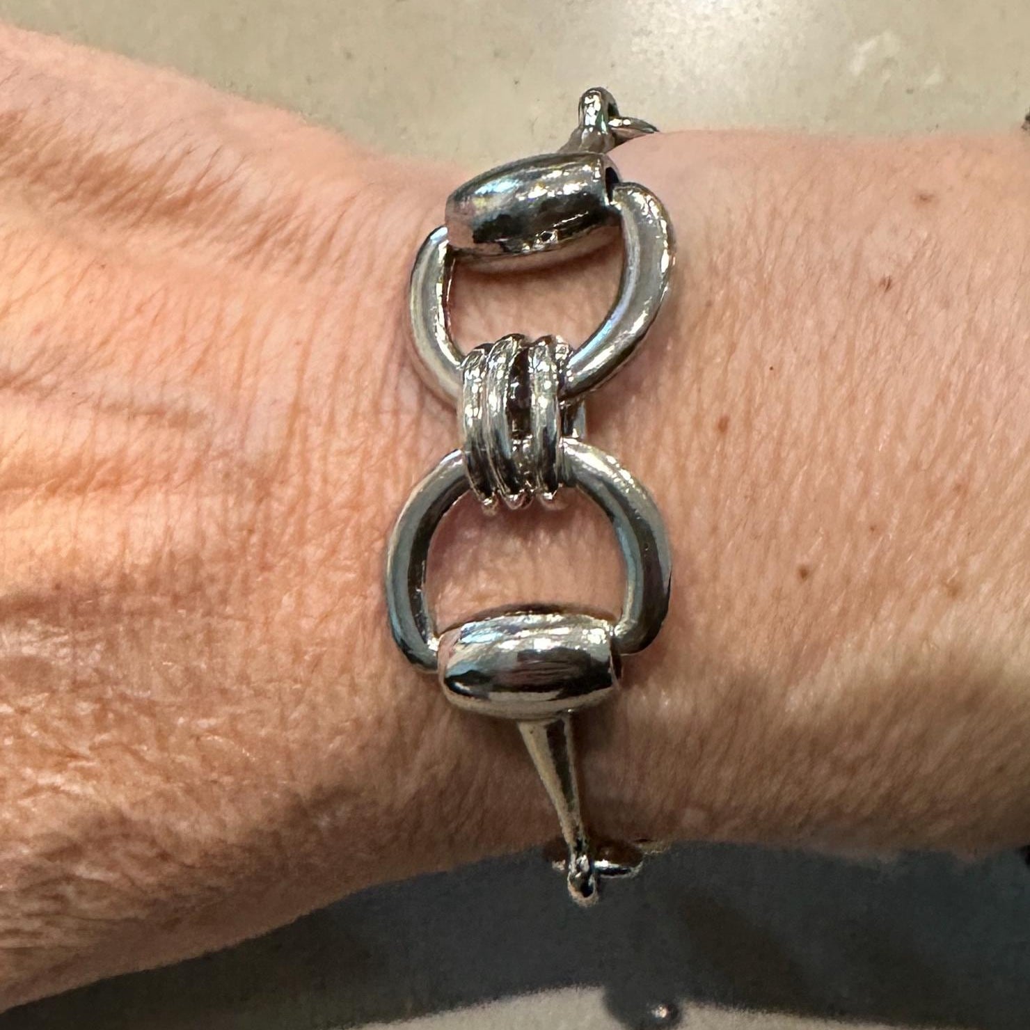 Equestrian Horse Snaffle Bit Gold Artisan Bracelet w/ Magnetic Clasp and Pearl