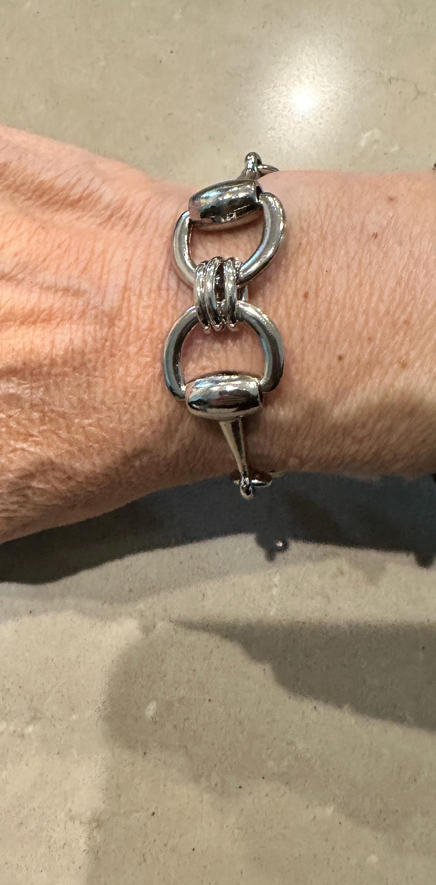 Equestrian Horse Snaffle Bit Silver Artisan Bracelet w/ Magnetic Clasp and Pearl