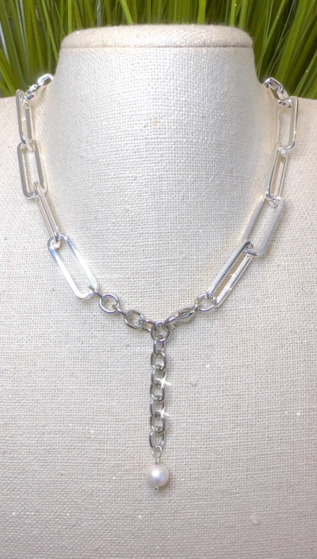 Equestrian Equine Horse Snaffle Bit Shiny Silver Rectangle Chain Necklace with Fresh Water Pearl Accent—Stunning Statement Necklace