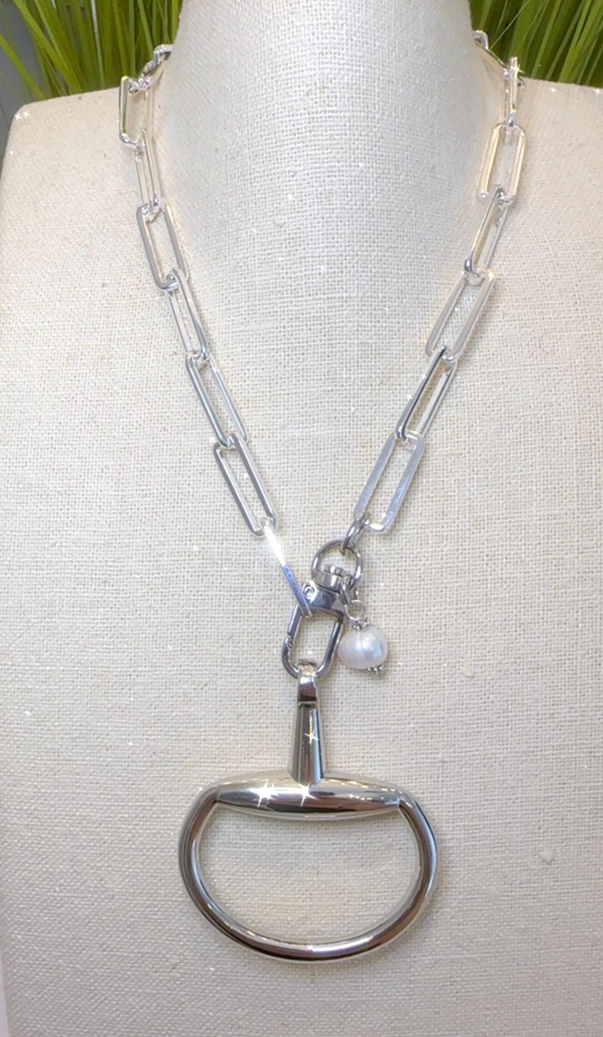 Equestrian Equine Horse Snaffle Bit Shiny Silver Rectangle Chain Necklace with Fresh Water Pearl Accent—Stunning Statement Necklace