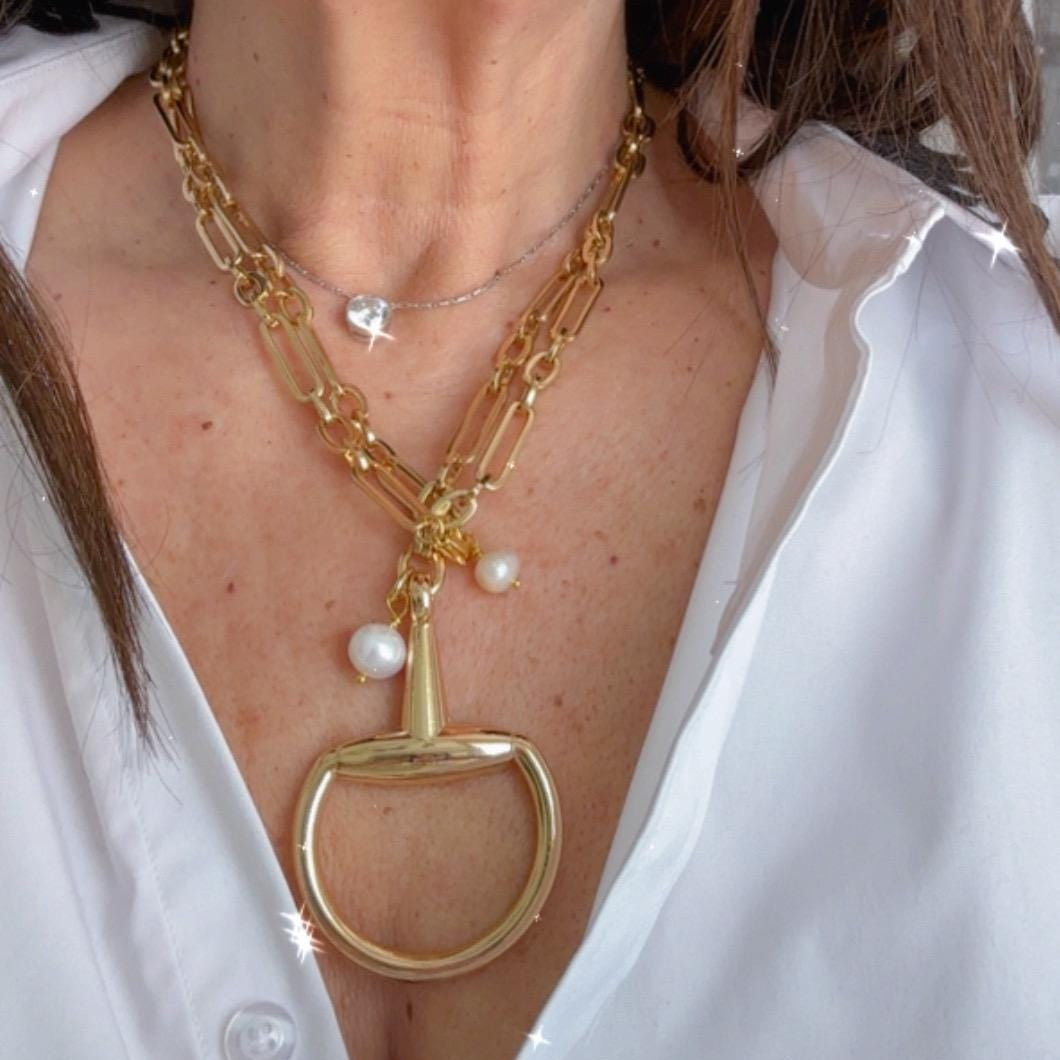 Equestrian Equine Horse Snaffle Bit Shiny Gold Mixed-Media Chain Long Necklace 36” with Fresh Water Pearl Accent Stunning Statement Necklace