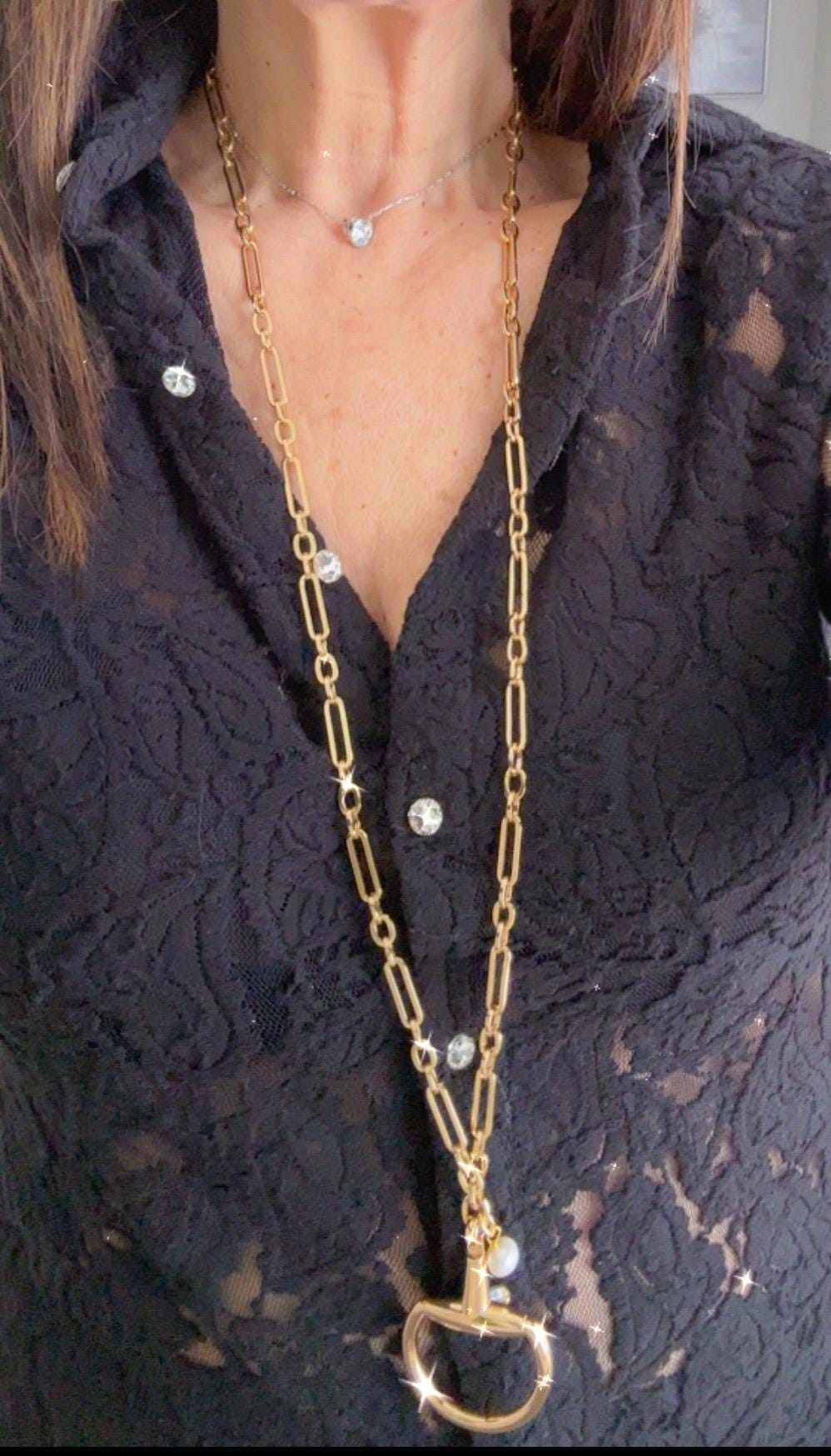 Equestrian Equine Horse Snaffle Bit Shiny Gold Mixed-Media Chain Long Necklace 36” with Fresh Water Pearl Accent Stunning Statement Necklace