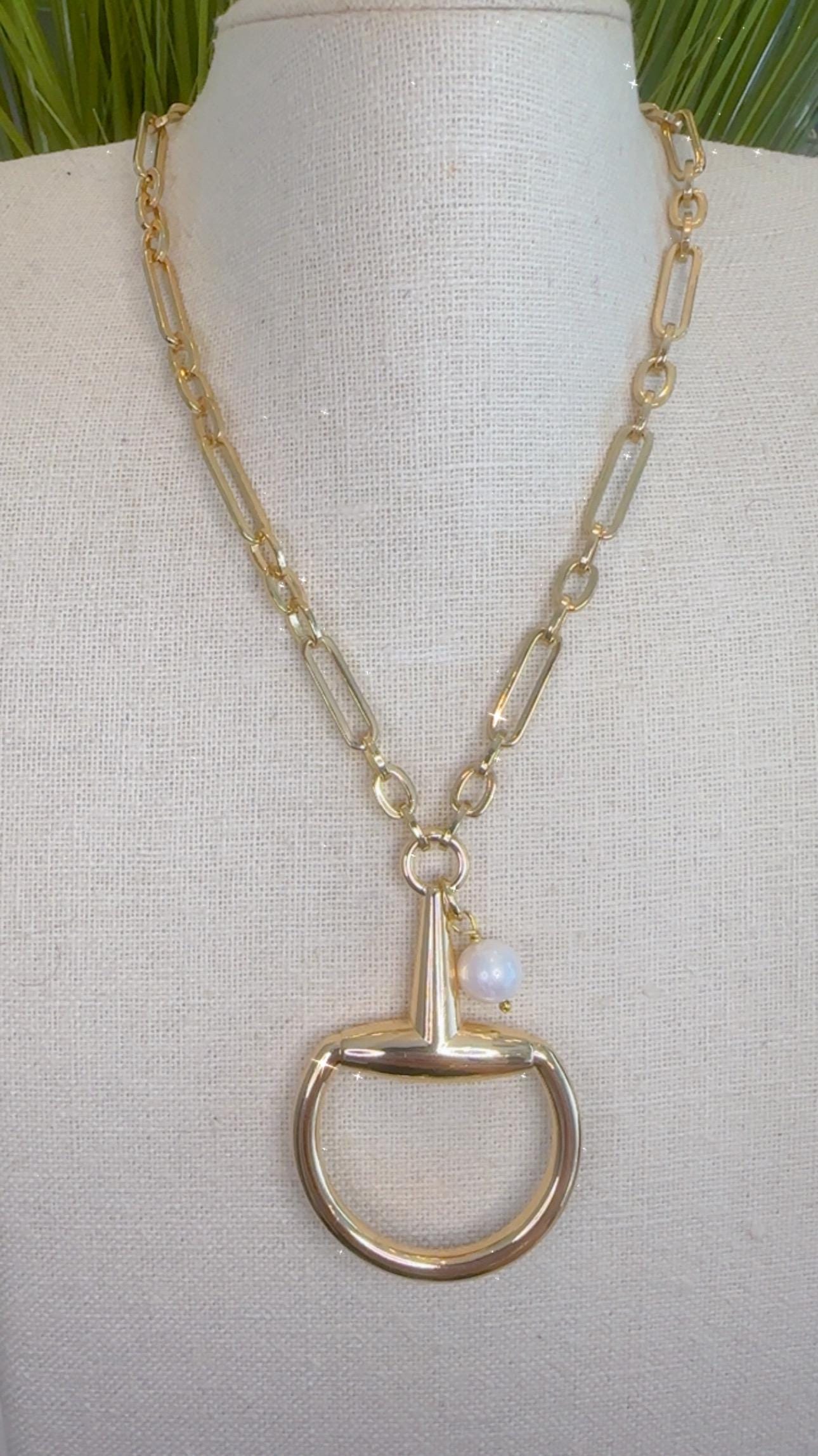 Equestrian Equine Horse Snaffle Bit Shiny Gold Mixed-Media Chain Long Necklace 36” with Fresh Water Pearl Accent Stunning Statement Necklace
