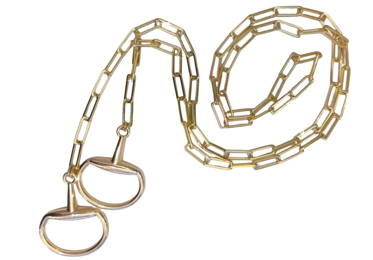 Equestrian Equine Horse Snaffle Bit Shiny Gold Rectangle Chain Long Lariat Necklace —Stunning Statement Necklace