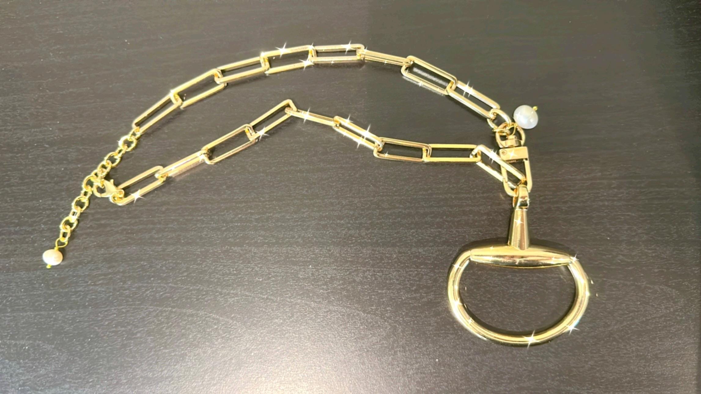Equestrian Equine Horse Snaffle Bit Shiny Gold Rectangle Chain Necklace with Fresh Water Pearl Accent—Stunning Statement Necklace