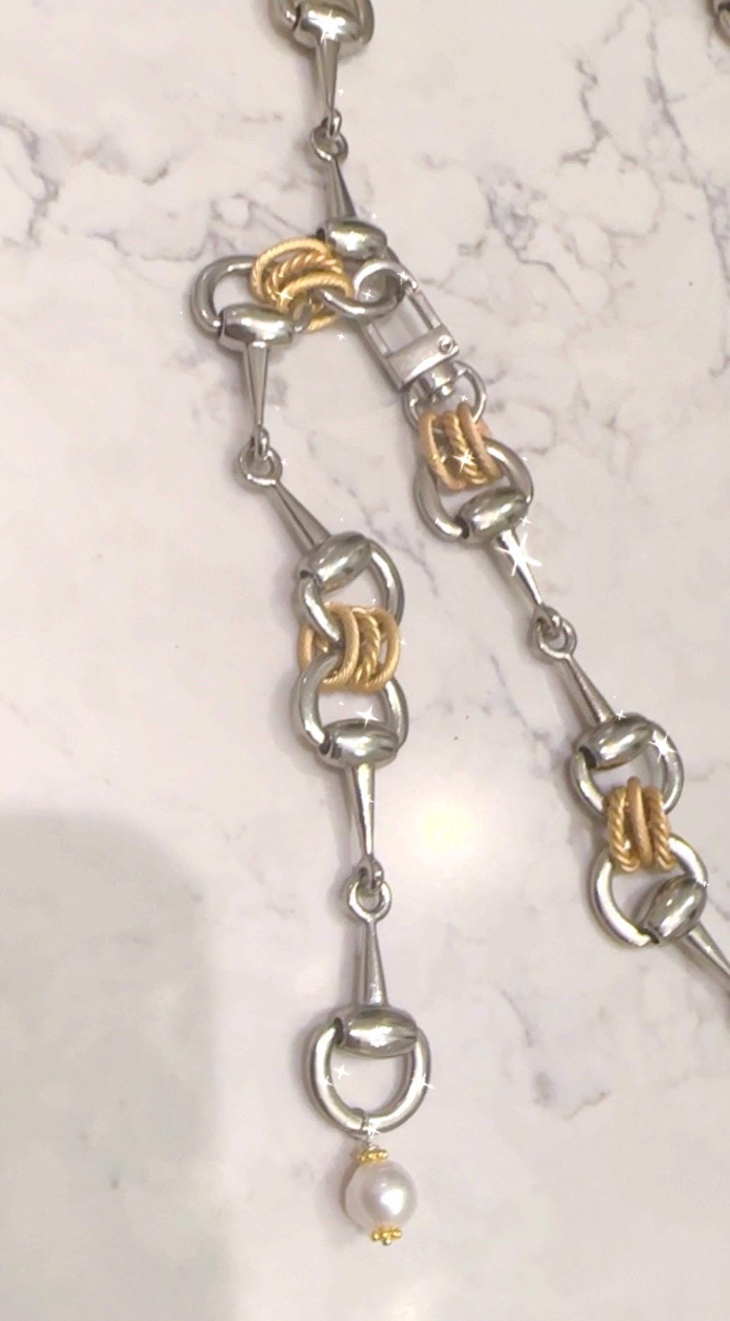 Equestrian Equine Snaffle Bit Belt, Adjustable-Mixed Metal-Gold and Antique Silver Rope Chain Accents-WOW!