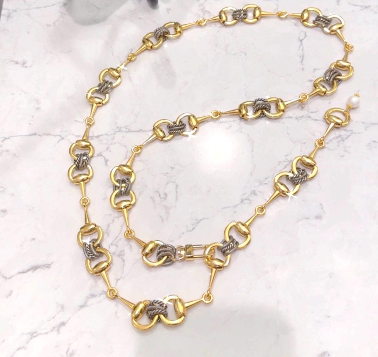 Equestrian Equine Snaffle Bit Belt, Adjustable-Mixed Metal-Gold and Antique Silver Rope Chain Accents-WOW!