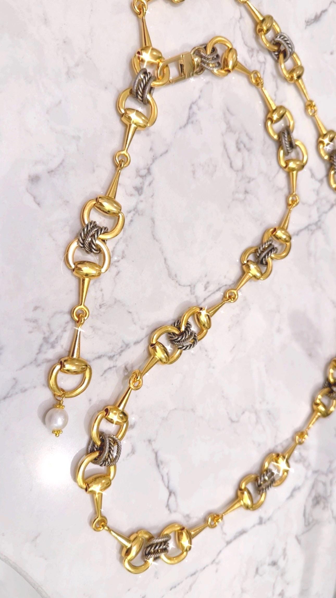 Equestrian Equine Snaffle Bit Belt, Adjustable-Mixed Metal-Gold and Antique Silver Rope Chain Accents-WOW!