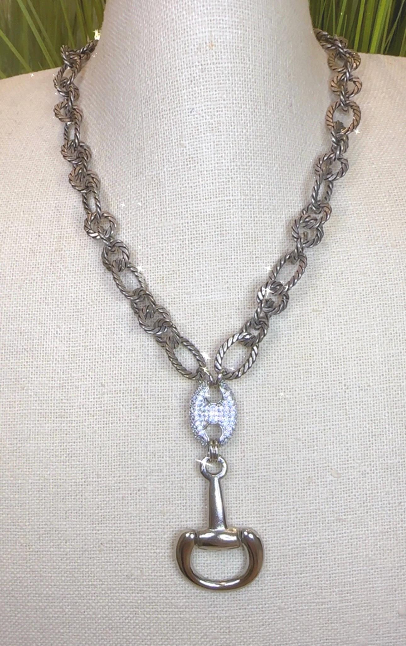Equestrian Equine Horse Snaffle Bit, D-Ring, Crystal Mariner Link— Antique Silver Rope Chain Necklace