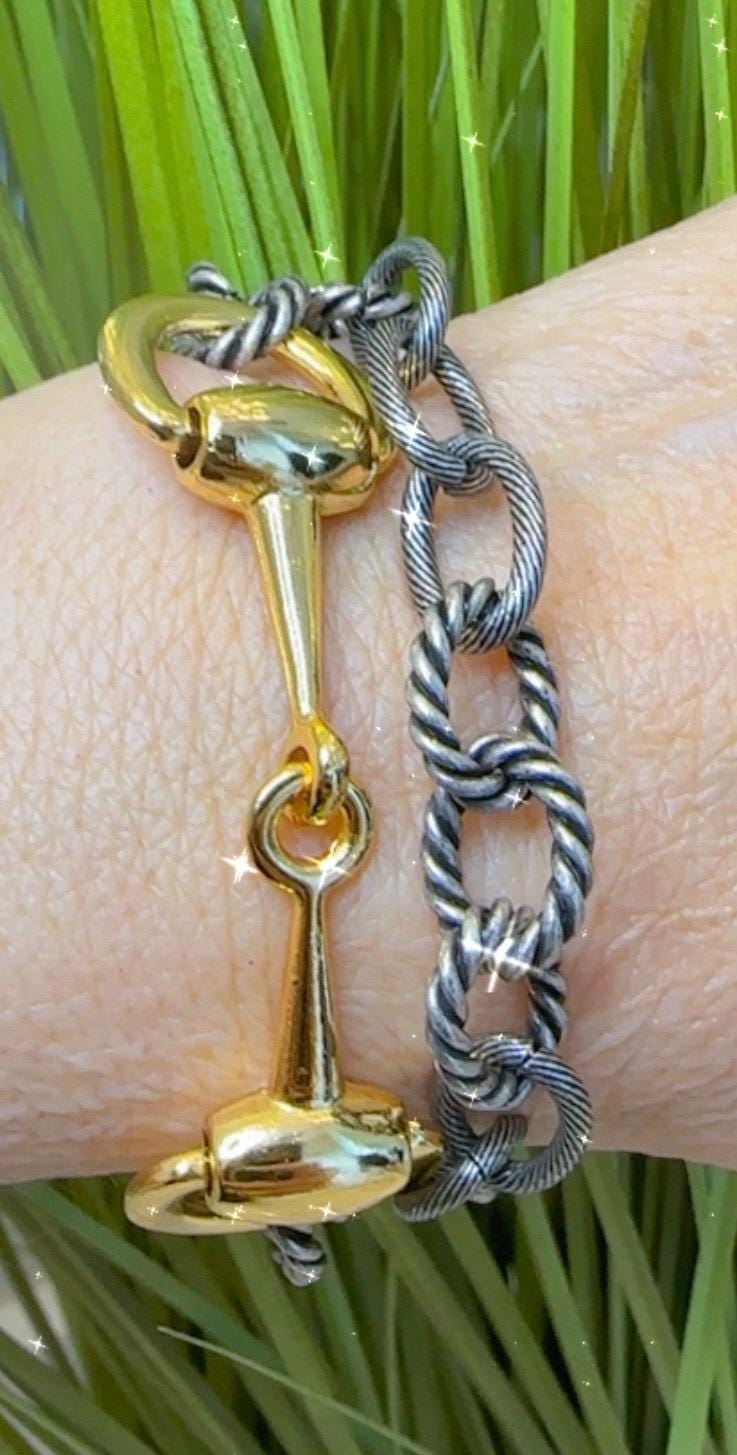 Equestrian Horse Snaffle Bit Antique Silver Rope Chain Double Wrap Mixed Metal Bracelet w/ Magnetic Clasp