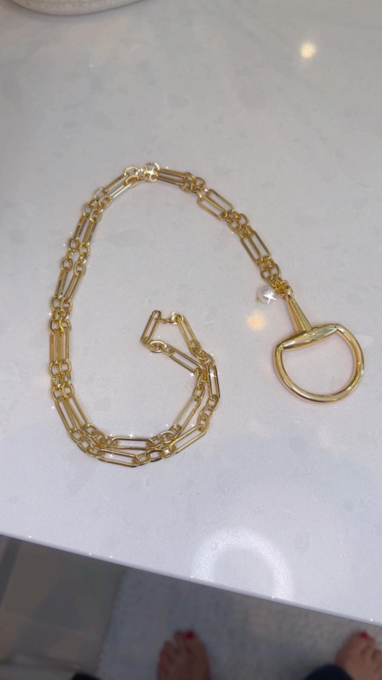 Equestrian Equine Horse Snaffle Bit Shiny Gold Mixed-Media Chain Long Necklace 36” with Fresh Water Pearl Accent Stunning Statement Necklace