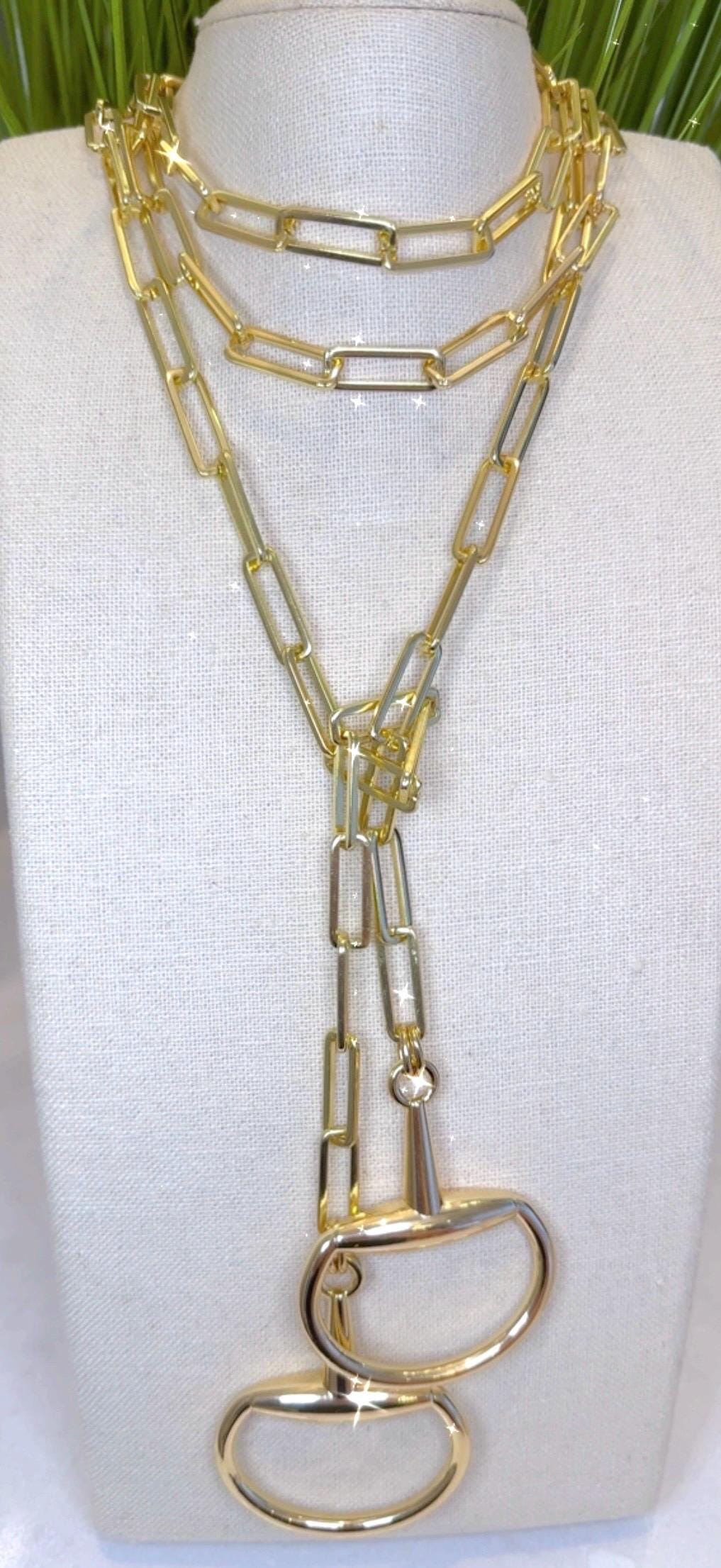 Equestrian Equine Horse Snaffle Bit Shiny Gold Rectangle Chain Long Lariat Necklace —Stunning Statement Necklace