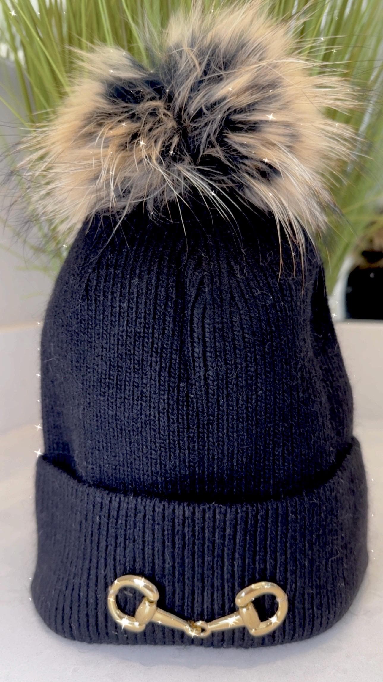 Equestrian Bit Black Beanie-Stocking Hat- Horse Lover- Cashmere Blend with Fox Fur PomPom