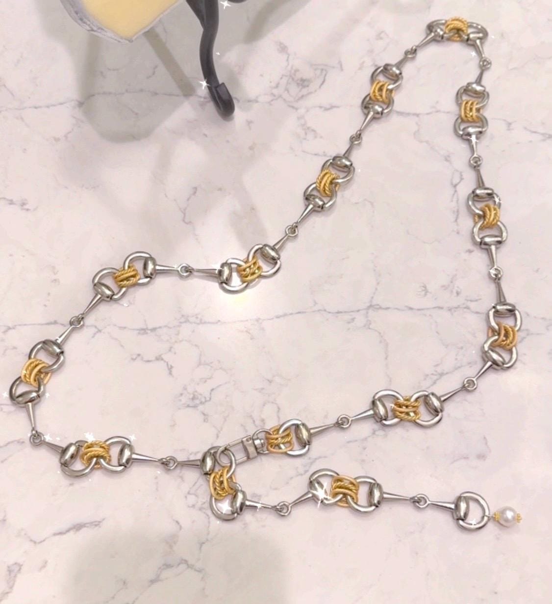 Equestrian Equine Snaffle Bit Belt, Adjustable-Mixed Metal-Gold and Antique Silver Rope Chain Accents-WOW!