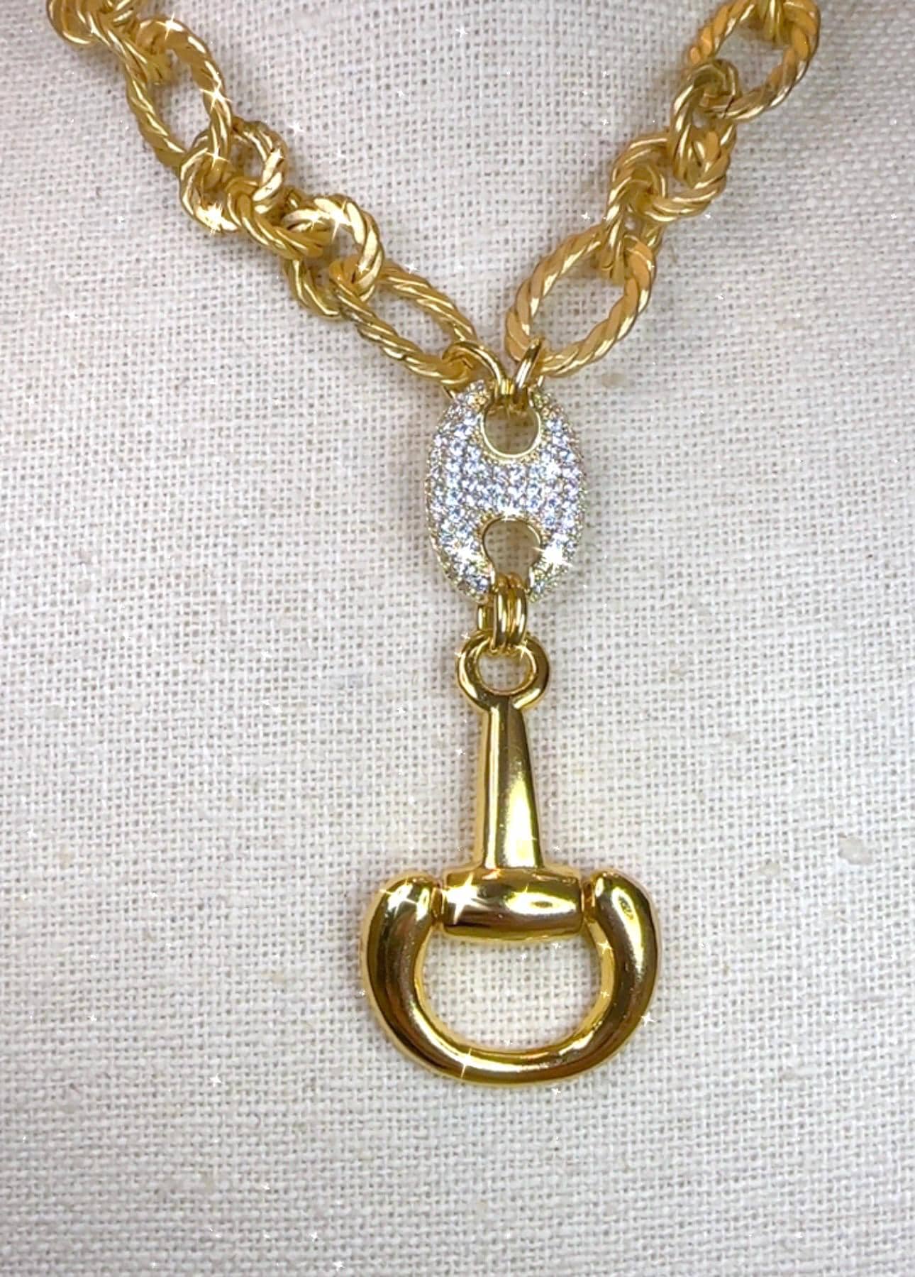 Equestrian Equine Horse Snaffle Bit, D-Ring, Crystal Mariner Link--Matte Gold Rope Chain Necklace