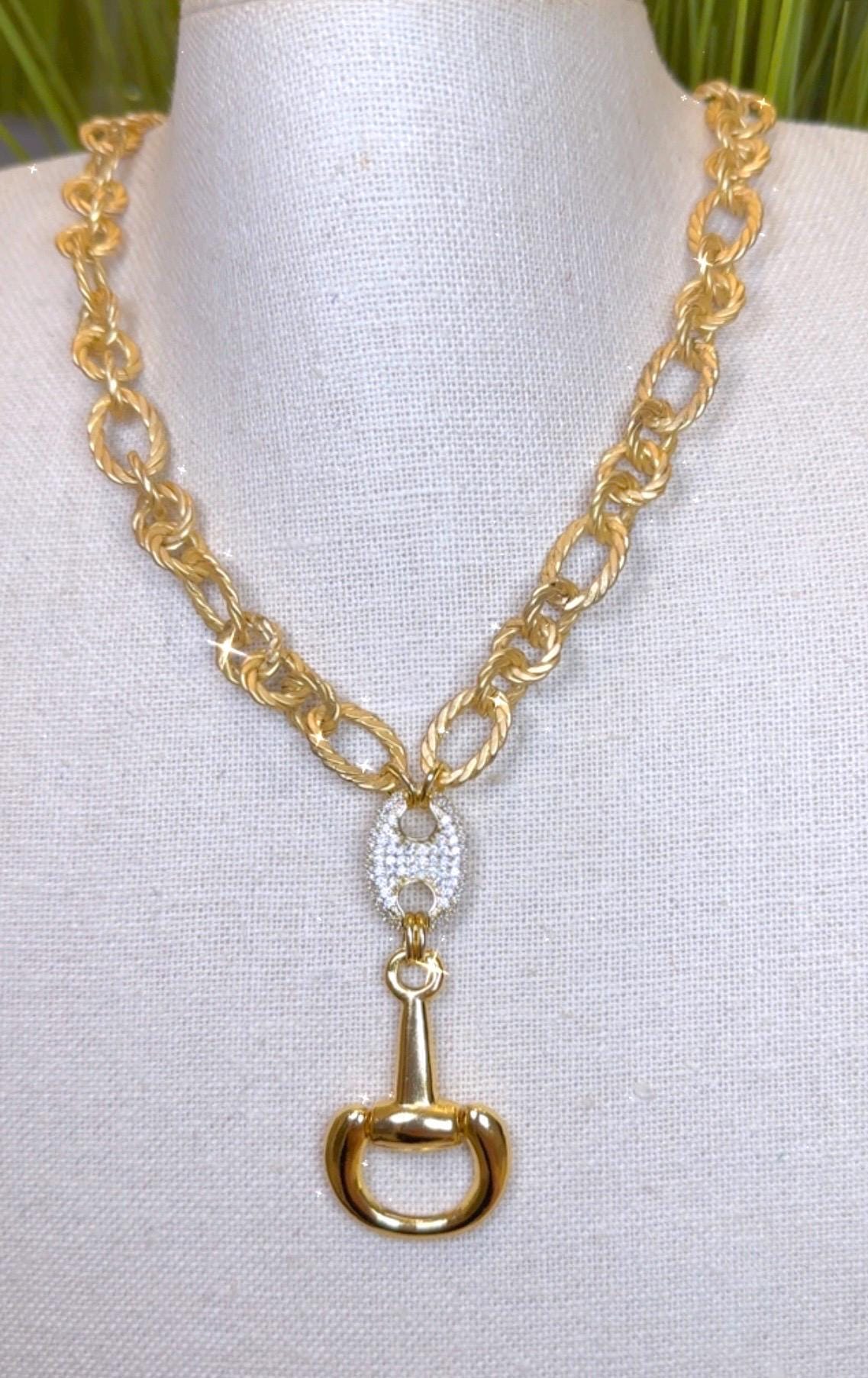 Equestrian Equine Horse Snaffle Bit, D-Ring, Crystal Mariner Link--Matte Gold Rope Chain Necklace