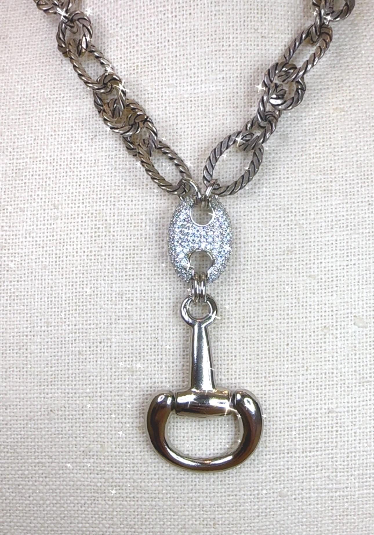 Equestrian Equine Horse Snaffle Bit, D-Ring, Crystal Mariner Link— Antique Silver Rope Chain Necklace
