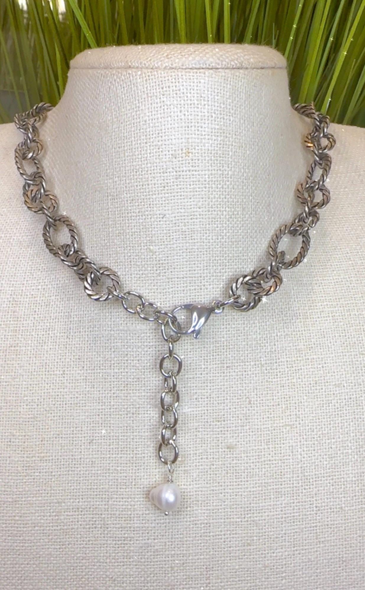 Equestrian Equine Horse Snaffle Bit, D-Ring, Crystal Mariner Link— Antique Silver Rope Chain Necklace