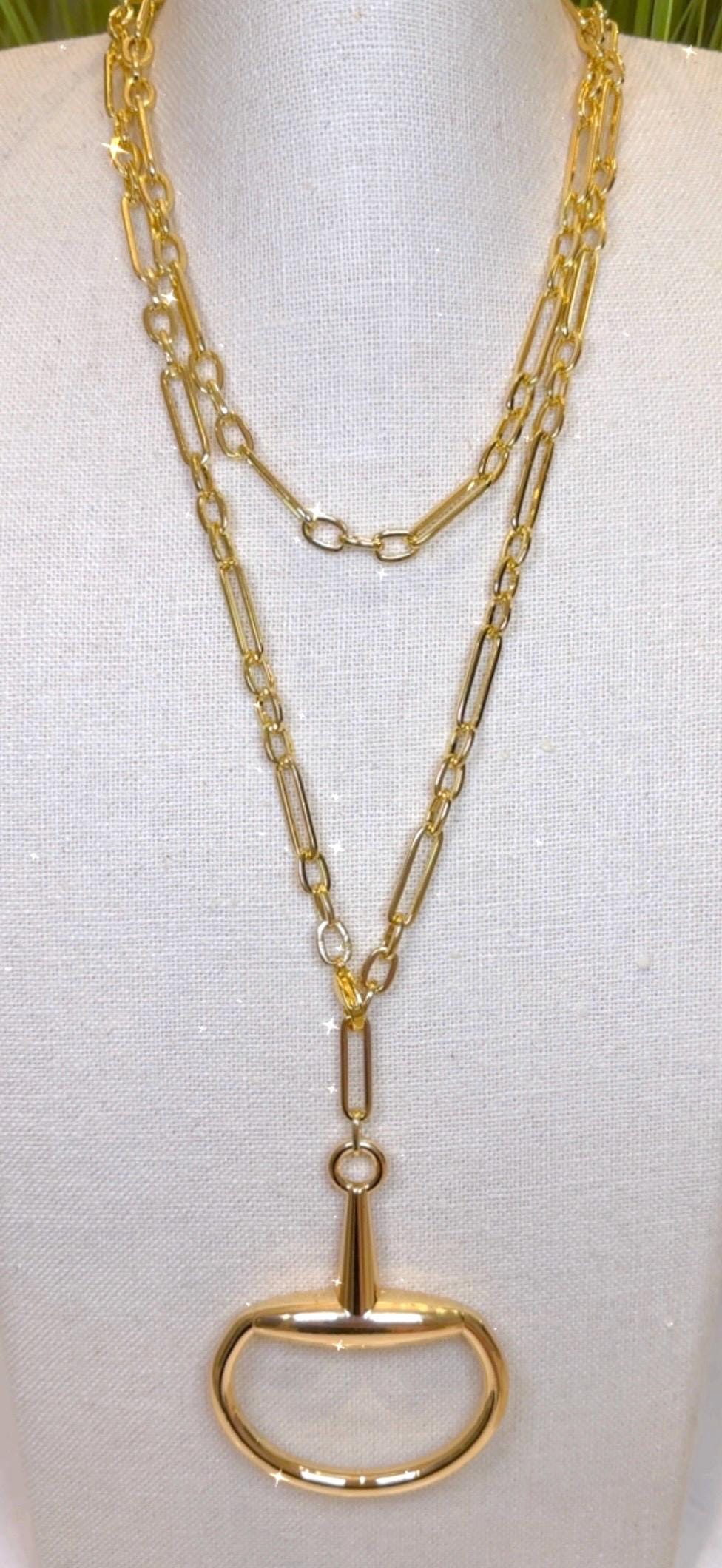 Equestrian Equine Horse Snaffle Bit Shiny Gold Mixed-Media Chain Long Necklace 39” Stunning Statement Necklace