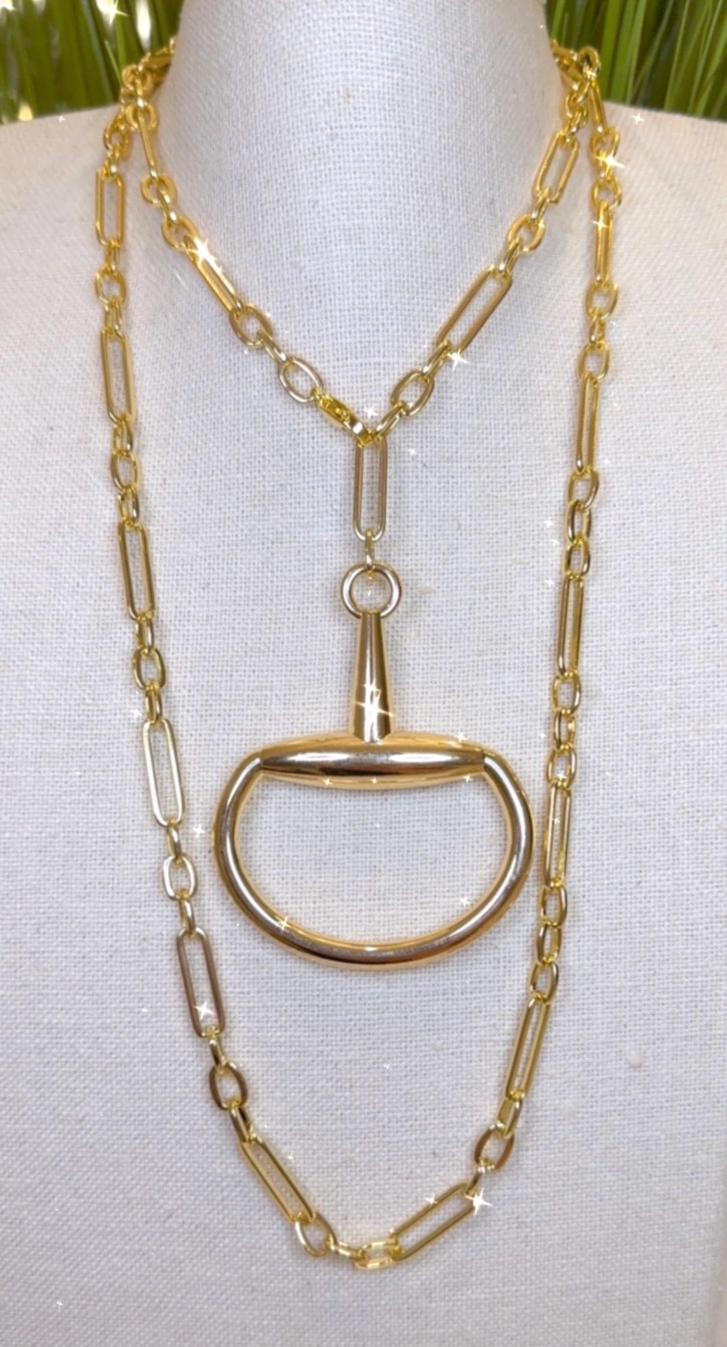 Equestrian Equine Horse Snaffle Bit Shiny Gold Mixed-Media Chain Long Necklace 39” Stunning Statement Necklace