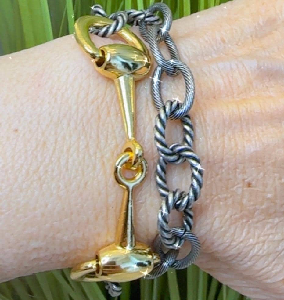 Equestrian Horse Snaffle Bit Antique Silver Rope Chain Double Wrap Mixed Metal Bracelet w/ Magnetic Clasp